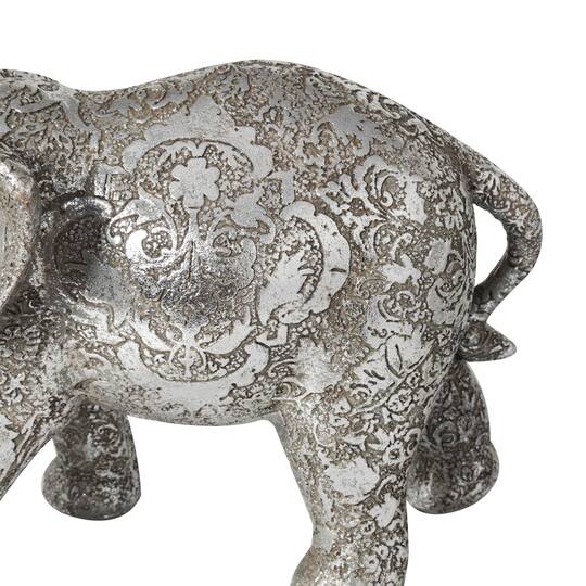 7" Silver Elephant Engraved Floral Sculpture